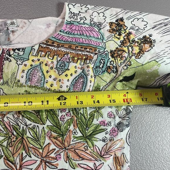 CAREN BROOK Top Beaded 3/4 Sleeve Artsy Watercolor Foliage Horse Blouse Womens L - Picture 5 of 12